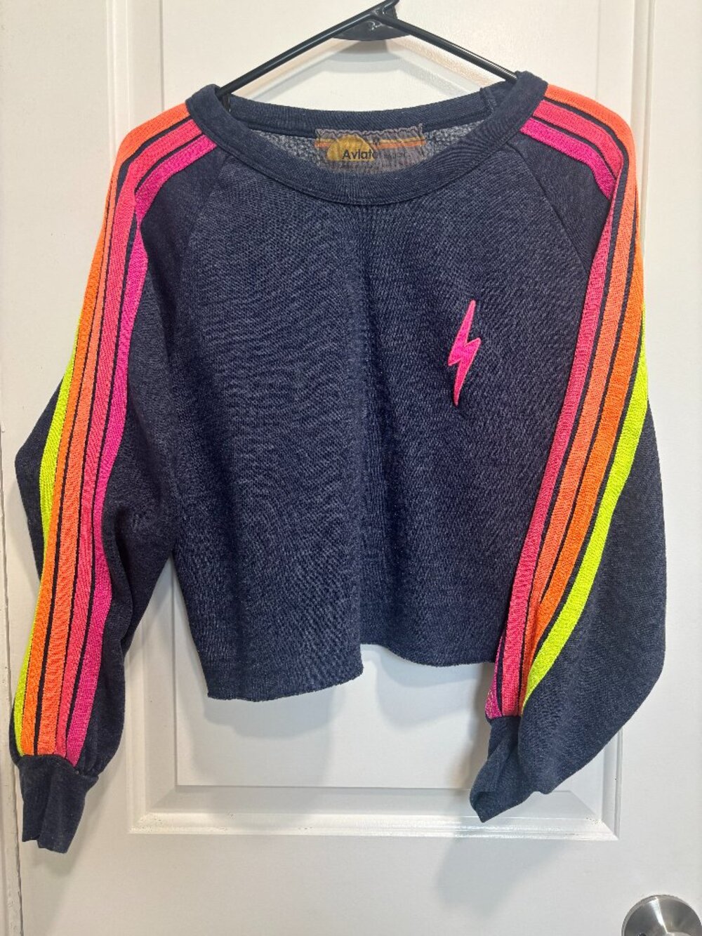 Aviator Nation Bolt Classic Cropped Crew Sweatshirt, Heather Navy and Neon
